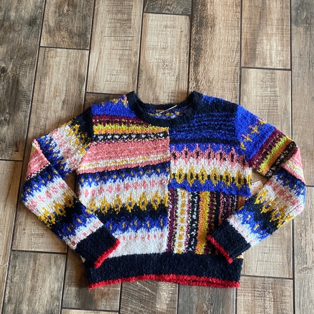 Free People Best Day Ever novelty sweater featuring colorful patchwork design 🆕 - Picture 4 of 12